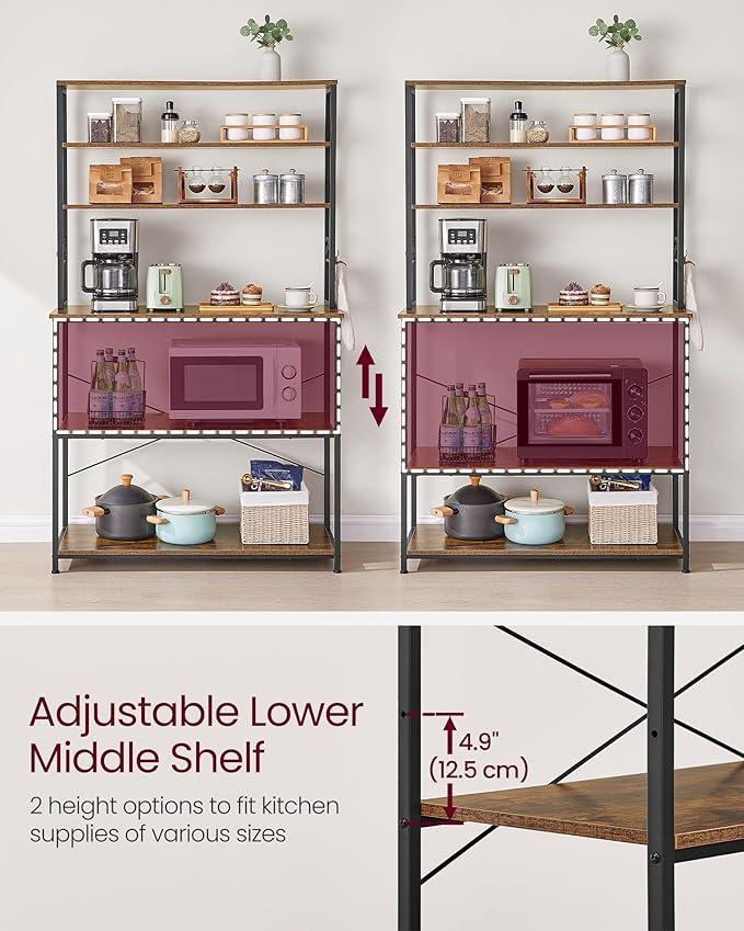 VASAGLE Coffee Bar, 39.4 Inches Baker's Rack for Kitchen with Storage, 6-Tier Kitchen Shelves with 6 Hooks, Microwave Stand, Industrial, Rustic Brown and Black UKKS039K01