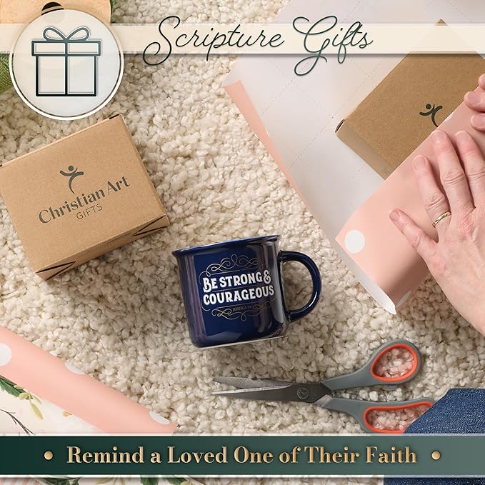 Christian Art Gifts Inspirational Ceramic Coffee & Tea Scripture Mug for Men & Women: Strong & Courageous Bible Verse, Microwave & Dishwasher Safe Non-toxic Beverage Cup, Dark Navy Blue/White, 13 oz.