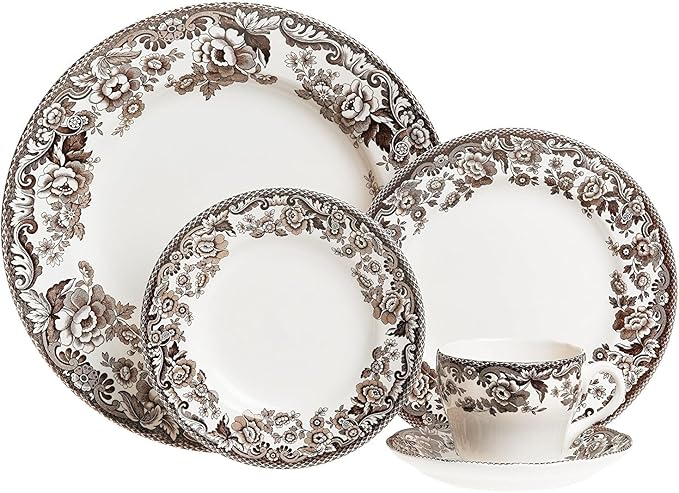 Spode Delamere 5-Piece Place Setting – Rich Brown British Flowers Border, Includes Dinner, Salad, Bread Plates with Teacup & Saucer – Fine Earthenware, Dishwasher, Microwave, Oven & Freezer Safe
