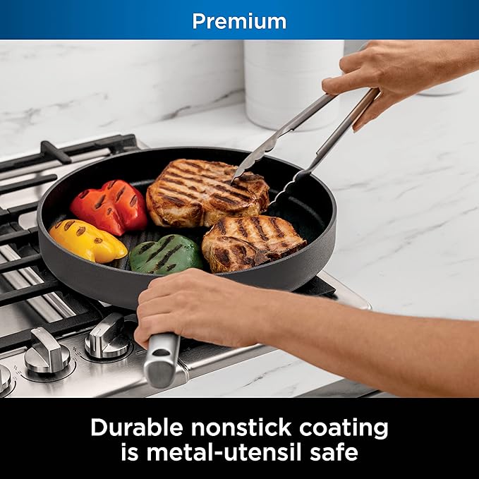 Ninja C30530 Foodi NeverStick Premium 12-Inch Round Grill Pan, Hard-Anodized, Nonstick, Durable & Oven Safe to 500°F, Slate Grey