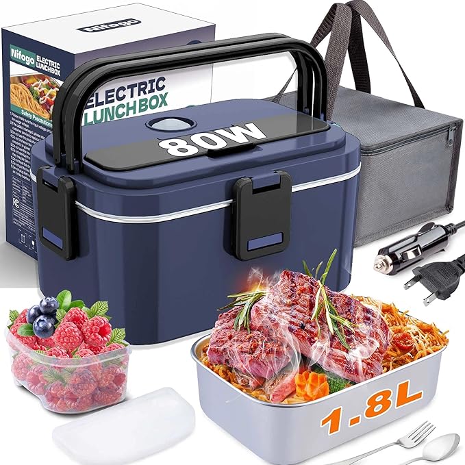 Nifogo Electric Lunch Box for Adults 80W 1.8L, Faster Heated Lunch Box for Men, Portable Electric Lunch Boxes Food Heater 12V/24V/110V Heating LunchBox for Car/Truck/Work with Bag(Blue)