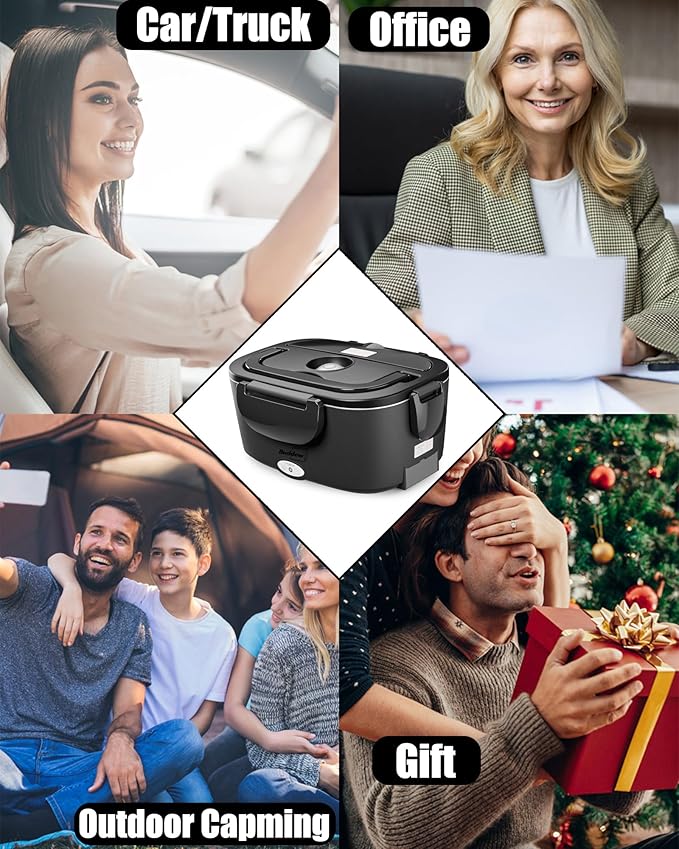 Buddew Electric Lunch Box for Adults, 80W Heated Lunch Box with Dual 1.5L Stainless Steel Portable Food Warmer,12/24/110V Lonchera Electrica Portatil for Travel&Work, Loncheras para Hombres de Trabajo
