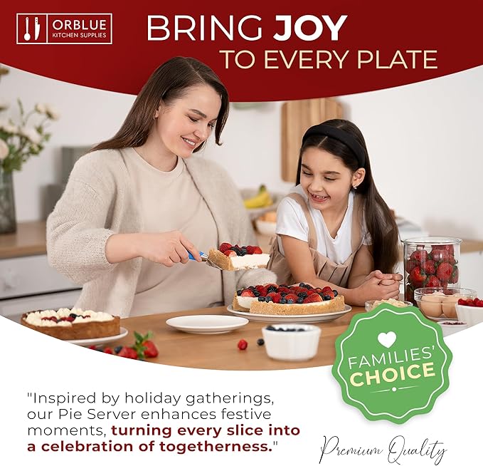 Orblue Pie Server, Essential Kitchen Tool, Serrated on Both Sides, Great for Right or Left Handed Chef, Stainless Steel Flatware, Cake Cutter, Blue
