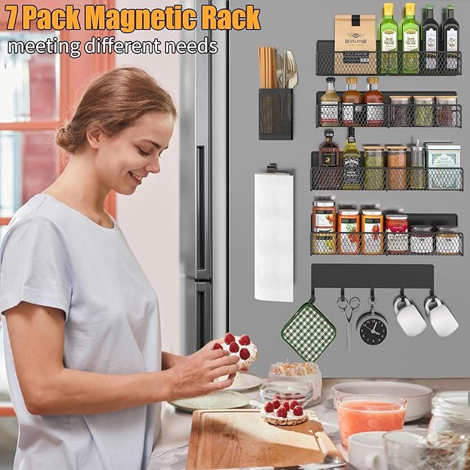 Magnetic Spice Rack for Refrigerator, 7 Pack 100% Metal Strong Magnet Shelves, Spice Organizer W/Hook Rack, Paper Towel Holder, Utensils Caddy, Kithcen Home Storage Organization (Black)