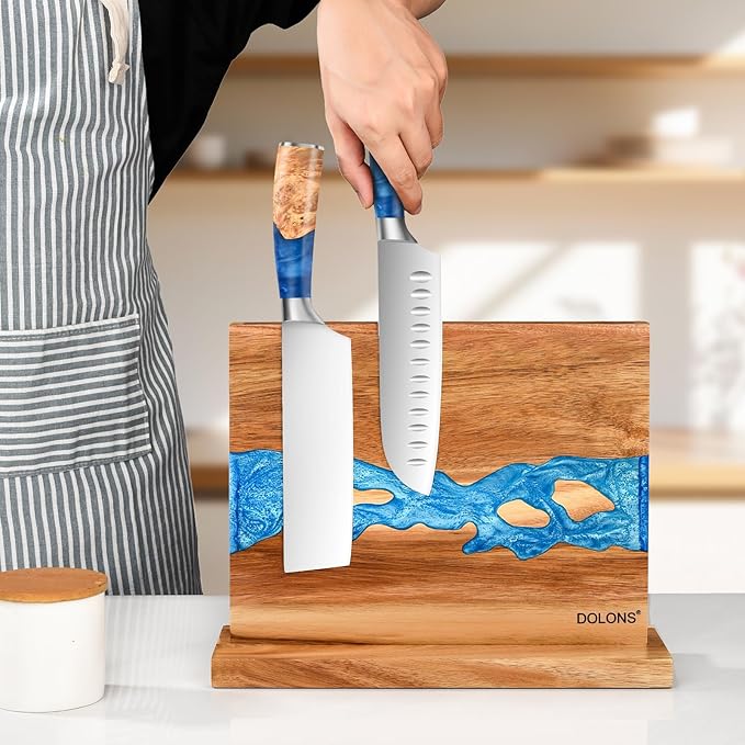 Magnetic Knife Block, Thickened Acacia Wood Resin Kitchen Knife Holder Stand with Strong Magnets, Multifunctional Double Side Knife Storage Organizer for Kitchen Counter