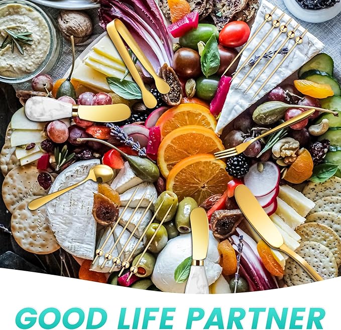 Charcuterie Board Accessories With 3 Oz Ceramic Dip Bowls, Ceramics Handle Gold Cheese Spreader Butter Knive Set Kit, Mini Tongs, Spoons, Forks,Honey Dipper, Cocktail Picks
