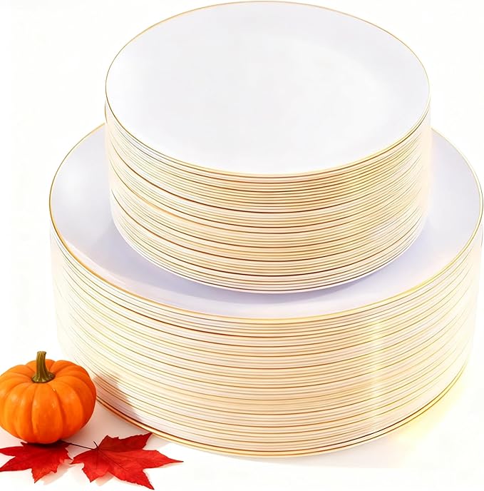 KIRE 100PCS Disposable Plates - White with Gold Rim for Thanksgiving Party/Wedding - Includes 50Pieces 10.25inch Dinner and 50Pieces 7.5inch Dessert/Salad Plates