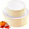 KIRE 100PCS Disposable Plates - White with Gold Rim for Thanksgiving Party/Wedding - Includes 50Pieces 10.25inch Dinner and 50Pieces 7.5inch Dessert/Salad Plates