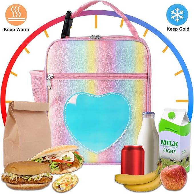 Insulated Lunch Bag, Leakproof Portable Lunch Box for Women Men Boys Girls, Large Capacity Cooler Bag for Office School Camping Hiking Outdoor Beach Picnic (Rainbow Pink)