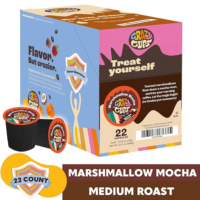 Crazy Cups Flavored Marshmallow Mocha Chocolate Coffee, Single Serve for Keurig K Cups Machines, Hot or Iced, Medium Roast in Recyclable Pods, 22 Count (Pack of 1)