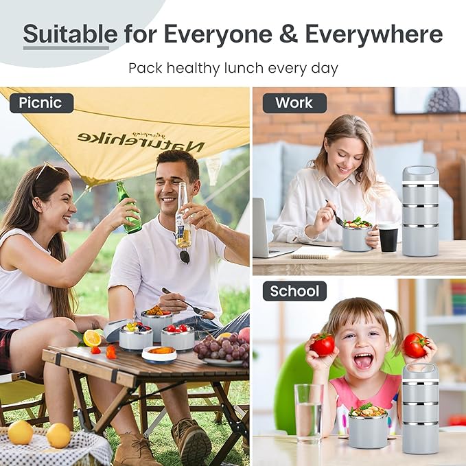 Lille Home Stackable Stainless Steel Lunch Containers, 43OZ Capacity 3 Layers Leakproof Bento Box for Adult, Portable Lunch Box for Women, Man, Travel, Office with Lunch Bag (Gray.Pro)