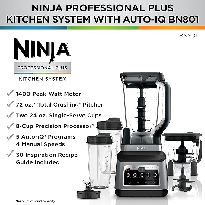 Ninja BN801 Professional Plus Kitchen System, 1400 WP, 5 Functions for Smoothies, Chopping, Dough & More with Auto IQ, 72-oz.* Blender Pitcher, 64-oz. Processor Bowl, (2) 24-oz. To-Go Cups, Grey