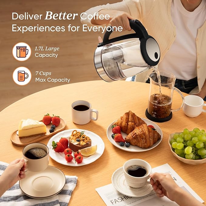 Cosori Electric Kettle, No Plastic Filter & Spout, 1.8Qt Tea Kettle & Hot Water Boiler For Coffee & Tea, Water Heater & Teapot, Automatic Shut Off, Borosilicate glass, Black, 1500W