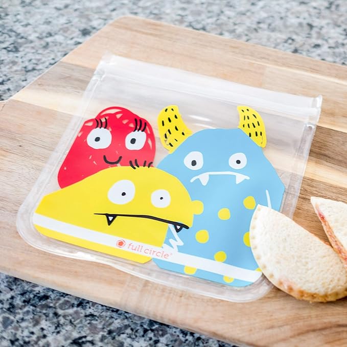 Full Circle ZipTuck Kids Reusable Plastic Food and Storage Bag, Lunch Set of 2, Monster