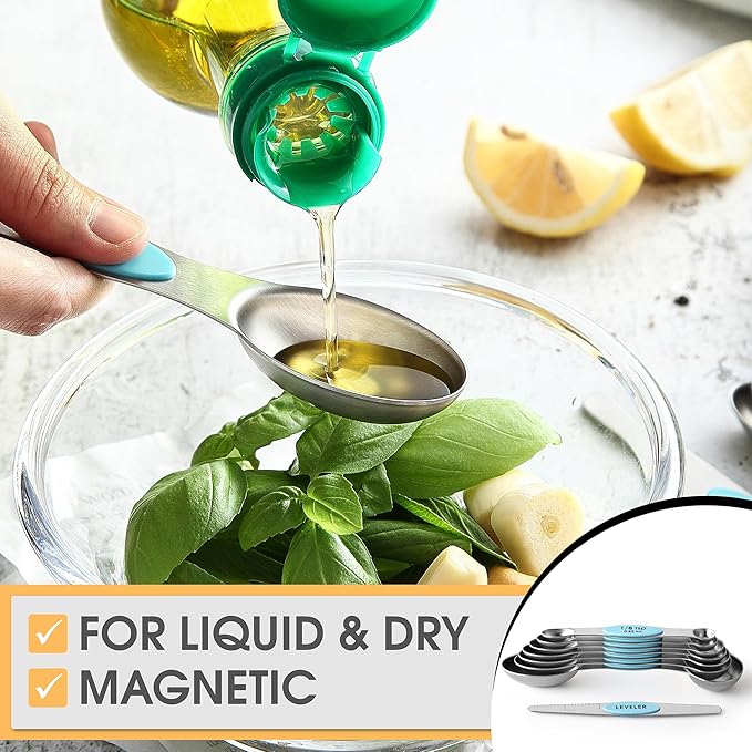 Spring Chef Stainless Steel Magnetic Measuring Spoons Set of 8 with Leveler, Metal Teaspoon & Tablespoon Measuring Spoons with Strong Magnets, Kitchen Gadgets for Baking & Cooking - 2 Pack - Aqua Sky