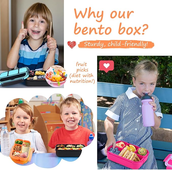 QQKO Bento Box for Kids Adults, School Toddler Lunch Box for Boys Girls, Lunch Box Containers with 4 Compartments, Sauce Container, Utensils, Food Picks and Muffin Cups for School, Orange Yellow