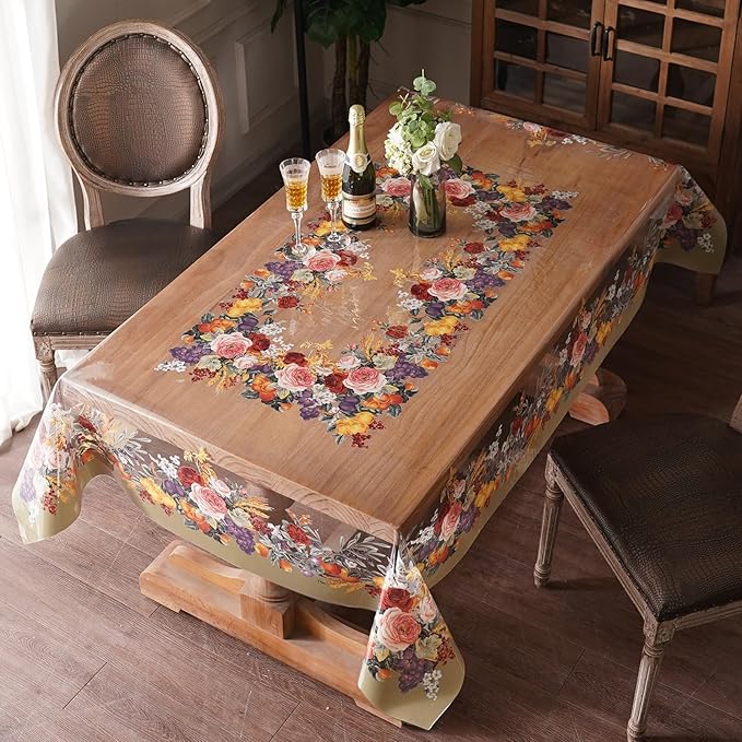 Clear Table Cover Protector Vinyl PVC Rectangle Table Cloth Oil Spill Proof Plastic Tablecloths for Dining Tables Parties Holidays (Floral Fruit, 60 x 120 Inches)