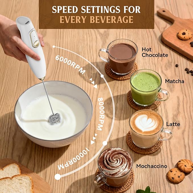Milk Frother Handheld, Rechargeable Coffee Frother Wand with Stand, Electric Frother for Lattes, Cappuccinos, Matcha, Drinks, Espumador de Leche Electrico