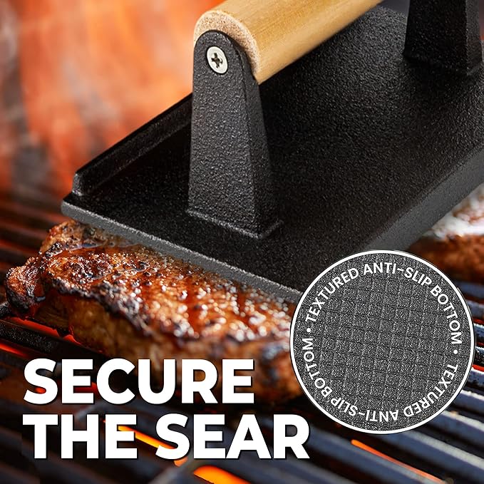 Cast Iron Grill Press (Set of 2) - 8 x 4 Inch, 2.6 lb Griddle Press with Cool-Touch Wood Handle - Pre-seasoned for Steak, Burgers, Sandwiches, and Paninis – Non-Stick Grill Weight