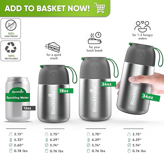 Blockhütte Food Thermos for Adults - 24 oz | Wide Mouth Thermos for Soup with Spork & Brush | Stainless Steel Thermal Lunch Box 14h Hot | Insulated Lunch Containers for Travel, Work, School