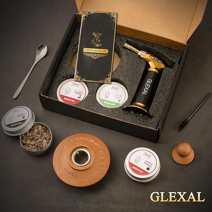 Bourbon Whiskey Cocktail Smoker Kit with Torch, Glexal Drink Smoker Infuser Kit with Four Flavors Wood Chips for Smoked Old Fashioned Cocktails, Whiskey Bourbon Gifts for Men Father's Day (No Butane)