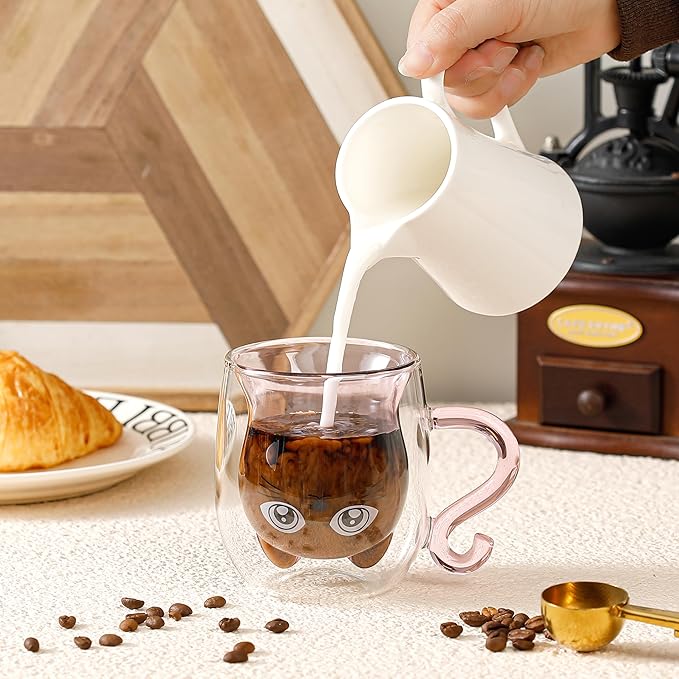 Cute Mugs Glasses Double Wall Insulated Glasses Espresso Cup, Coffee Cup, Tea Cup, Milk Cup, Best Gift for Office and Personal Birthday, Pink Cat