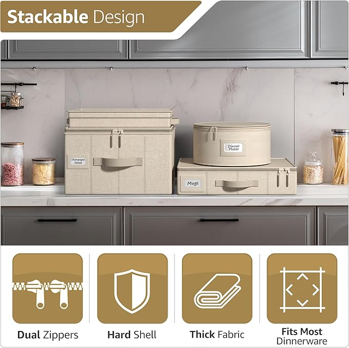 Sorbus China Storage Containers 6-Piece Set - Hard Shell Dinnerware Organizer for Plates, Glasses, Mugs & Saucers (Holds Service for 12) with Felt Protectors for Moving & Storage