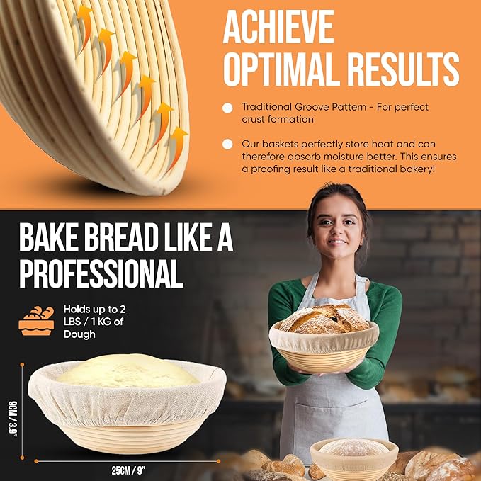 Banneton Bread Proofing Basket - Sourdough Bread Baking Supplies – Sourdough Starter Kit – Sourdough Proofing Basket Gift for Bakers - Round Bread Basket (9 Inch)