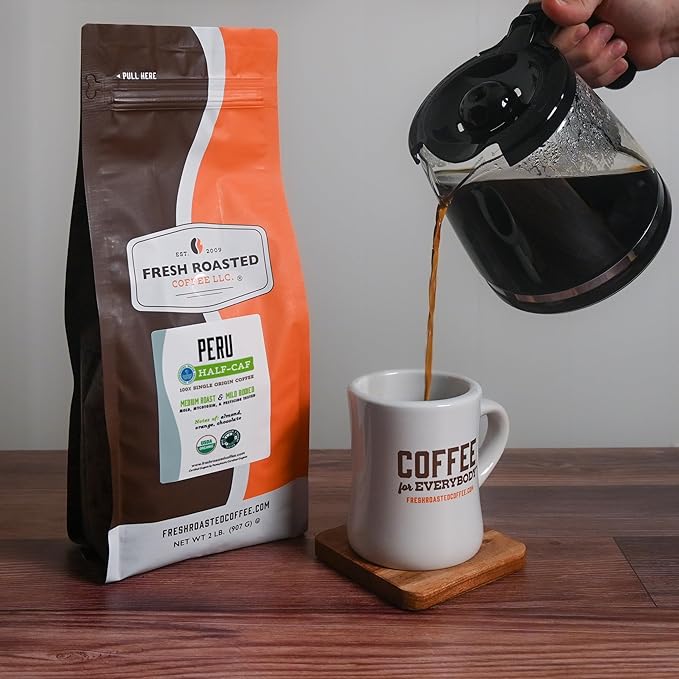 Fresh Roasted Coffee, Organic Peru Water-Processed Half-Caf | Mold & Myco 3rd Party Tested, USDA Organic, Kosher | Med Roast 2 lb (32 oz) Whole Bean