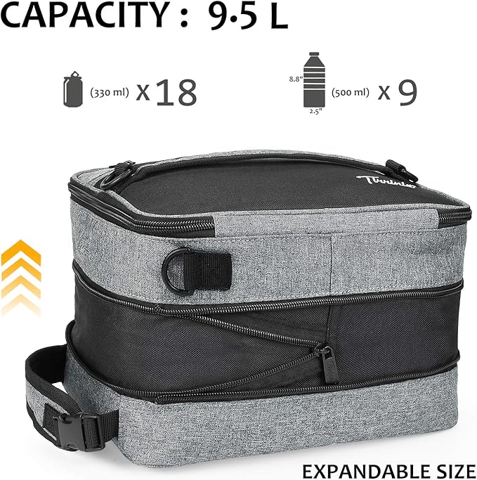 Tirrinia Expandable Insulated Lunch Bag for Men Women – Leakproof Reusable Cooler LunchBox for Kids & Adults with Shoulder Strap, Perfect for Work, School, Office, Travel,Dark Grey