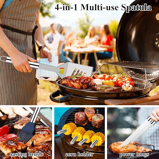 ROMANTICIST 27pcs Heavy Duty Grilling Gifts for Men Dad Christmas, Extra Thick BBQ Accessories Tools Set, Stainless Steel Grill Utensils Kit with Meat Claws, Carrying Bag for Outdoor Camping Silver
