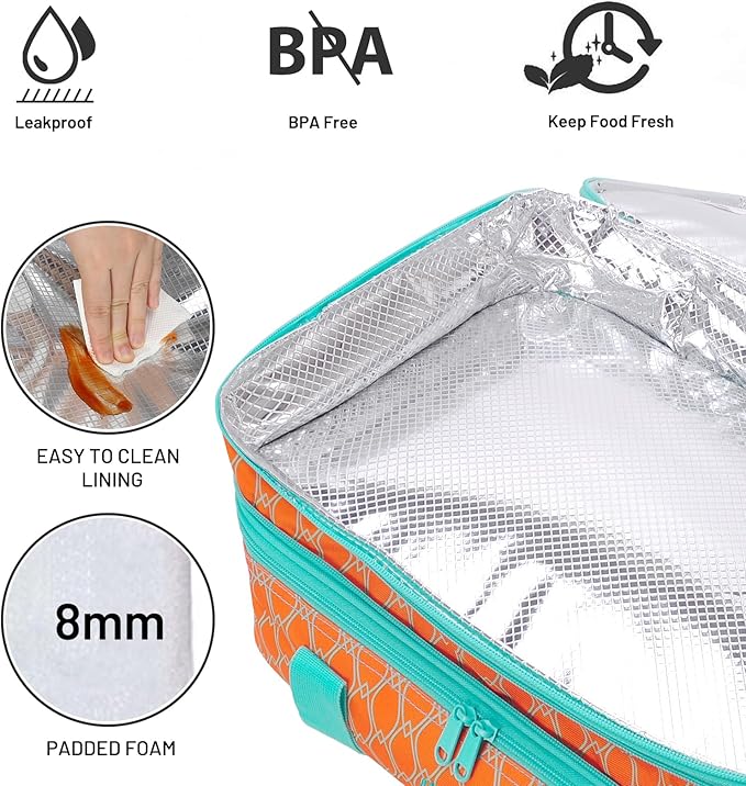 MIER Insulated Double Casserole Carrier Thermal Lunch Tote for Potluck Parties, Picnic, Beach, Fits 9 x 13 Inches Casserole Dish, Expandable by Mid Zipper, Orange