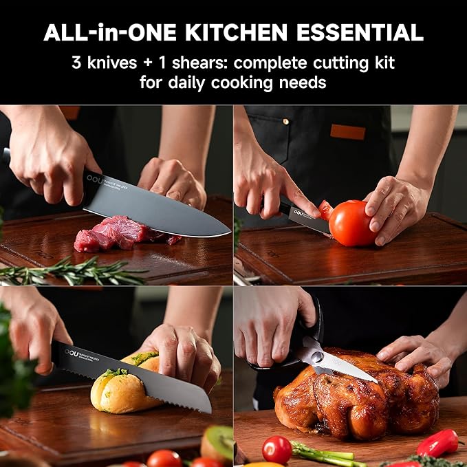 OOU Knife Set with Block and Sharpener, 6 Pcs High Carbon German Steel Kitchen Knife Block Set with Universal Knife Holder, Dishwasher Safe Knife Set for Small Kitchen, Space-Saving, Anti-Rust