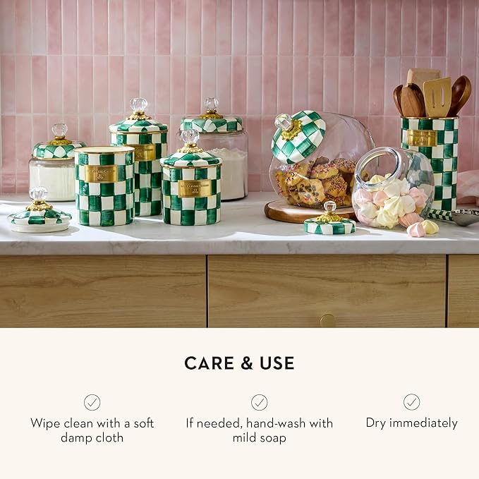 MACKENZIE-CHILDS Small Kitchen Canister, Decorative Glass Storage Jar with Lid, Green-and-White Emerald Check