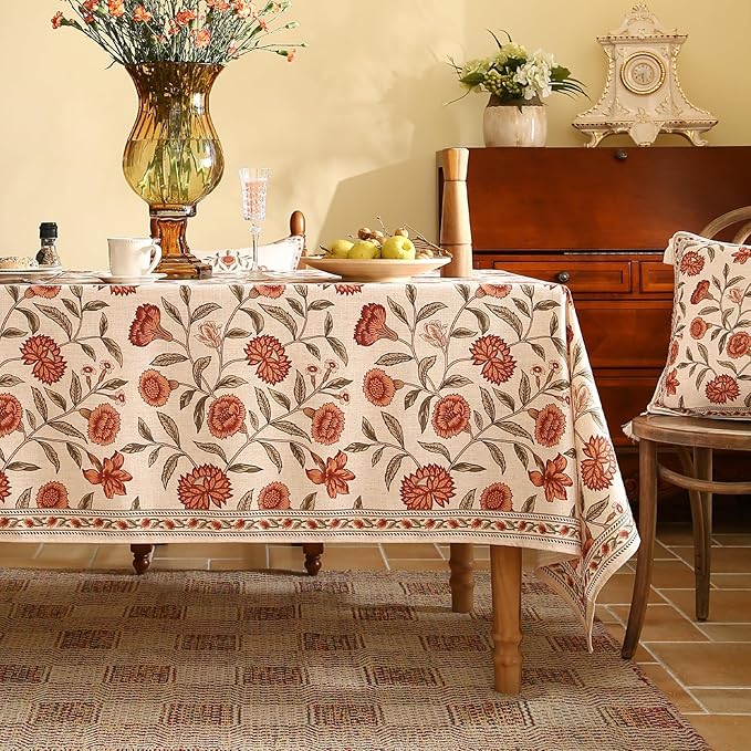 ISAENNE Designer French Long Tablecloth Rectangle,Linen Orange Floral Pattern Indoor Table Cloth,Wrinkle Resistant Decor Table Cloth for Dining Thanksgiving Kitchen Party,63"*102"-Alvarado D