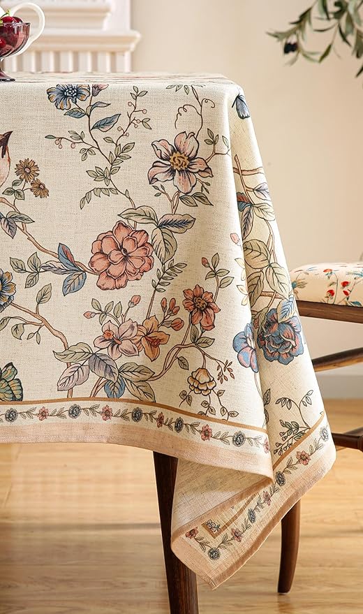 ISAENNE Designer French Light Beige Small Square Tablecloth,Linen Florals and Birds Pattern Table Cloth,Anti-Wrinkle Decorative Tablecloths for Dining Thanksgiving Kitchen,55"*55"-Cornucopia