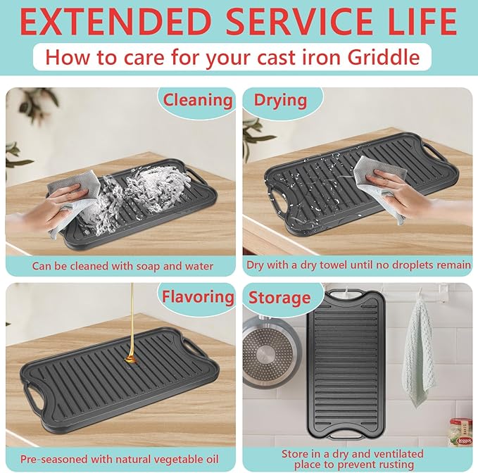 2 in 1 Reversible Cast Iron Griddles for Gas Grill,Flat Griddle-Pan for Gas Stove,Pre-Seasoned Oven Top Pan, Upgrade Double Burner Griddle for Indoor & Outdoor Cooking Accessories,20" X 10.5"