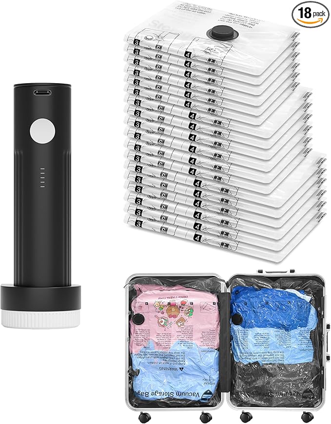 SUOCO Travel Vacuum Bags for Luggage with Portable Electric Pump, 18 Combo (6L/6M/6S) Packing Seal Bags for Clothing Suitcase Backpack, Space Saver Compression Clothes Storage Bags