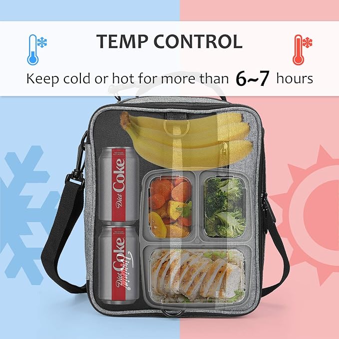 Tirrinia Expandable Insulated Lunch Bag for Men Women – Leakproof Reusable Cooler LunchBox for Kids & Adults with Shoulder Strap, Perfect for Work, School, Office, Travel,Dark Grey