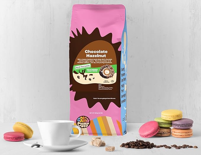 Crazy Cups Decaf Flavored Ground Coffee Variety Pack, Includes Chocolate Hazelnut, French Vanilla and Death by Chocolate, in 10 oz Bags, For Brewing Flavored Hot or Iced Decaf Coffee, Variety 3 Pack