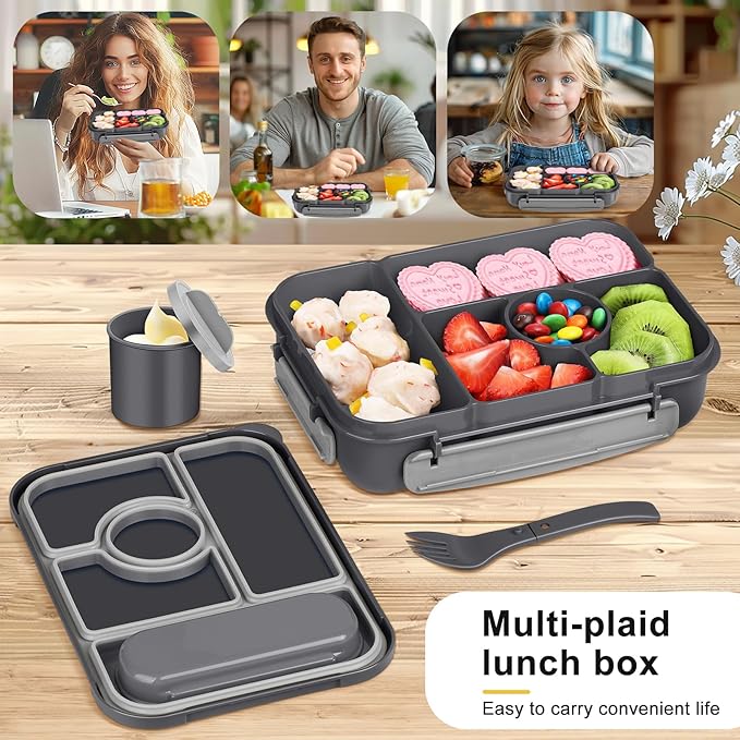 Bento Box Adult Lunch Box Kids,Lunch Containers for Adults/Kids/Toddler,5 Compartments Bento Lunch Box with Sauce Vontainers,Microwave & Dishwasher & Freezer Safe,BPA-Free (Dark Gray)