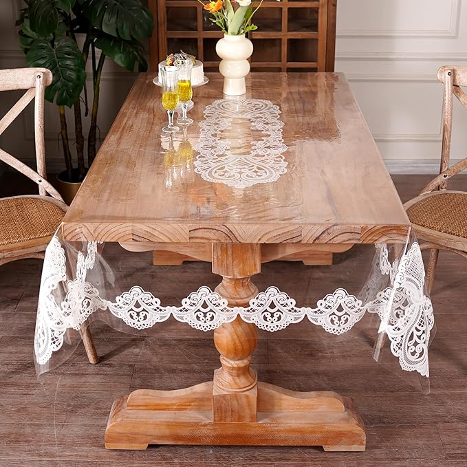 Clear Table Cover Protector Vinyl Table Cloth Rectangle Oil Spill Proof Vintage Rustic Plastic Table Covers for Dining Tables (White Lace, 60 x 120 Inches)