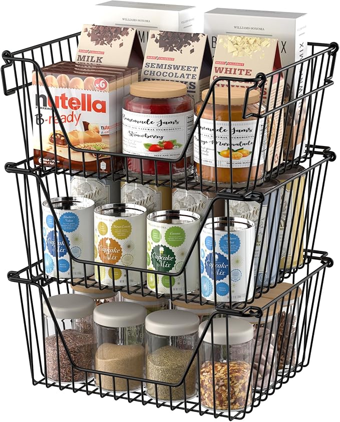 SANNO Stackable Basket Black Stackable Wire Baskets Stacking Bins for Vegetable Storage Pantry, Fridge, and Bathroom Organization,6 pack