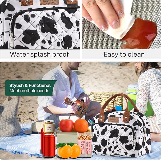 HOMESPON Lunch Bag for Woman Man Adults with Front Pocket Insulated Lunch Tote Lunch Box Container for Work Picnic or Travel(Cow)