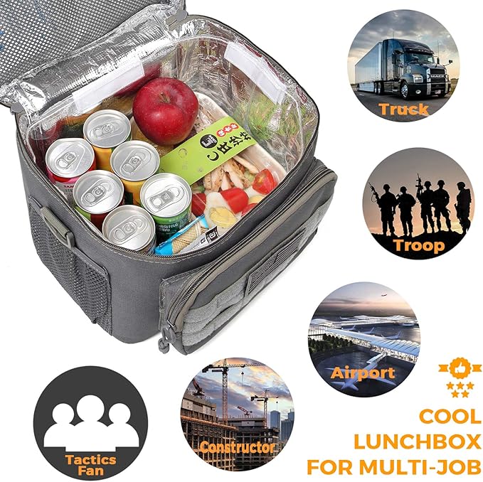 DBTAC Tactical Lunch Bag for Men Women, 12 Cans Insulated Lunch Box for Adult | 9L Leakproof Lunch Cooler Tote for Work Office Outdoor Travel | Soft Easy To Clean Liner x2, Grey