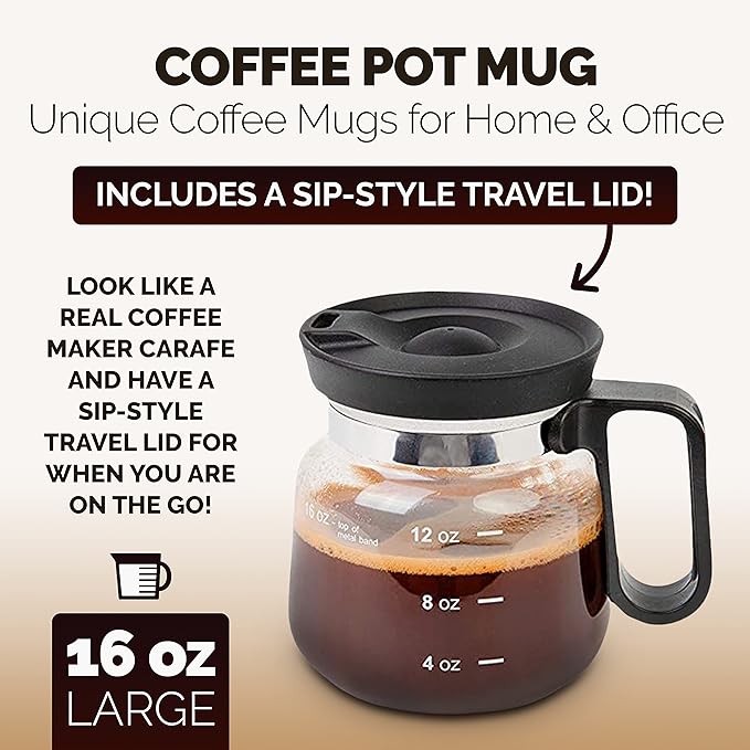 16 oz Coffee Pot Shaped Mug, Funny Drink Cup for Coffee Lovers. Cute Novelty Flat Bottom Carafe With Handle. Gifts For Co-workers, Friends, Birthdays - Unique Beverage Mugs for Men and Women