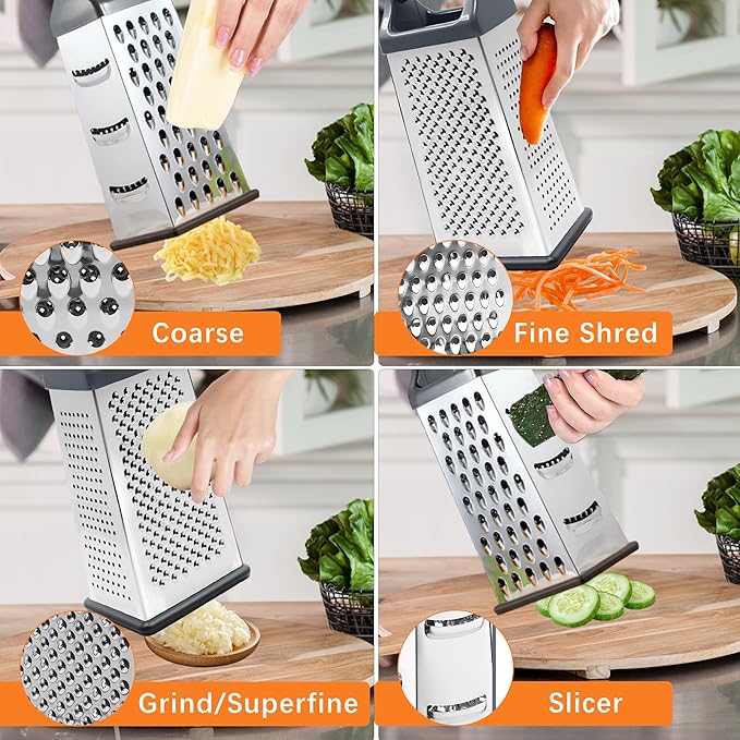 Box Grater, Stainless Steel Cheese Graters for Kitchen, 4 Sided Food Grater with Handle, Cheese Slicer for Food Vegetables Potatoes Carrot