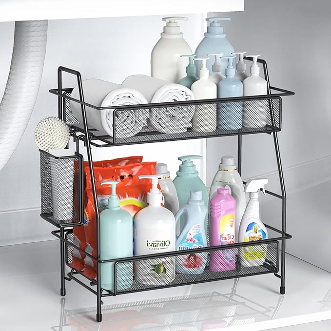 LEMIKKLE Large Countertop Organizer for Bathroom Counter, Bathroom Organizers and Storage, Under Sink Organizer Spice Rack Organizer for Kitchen with Basket(Black)