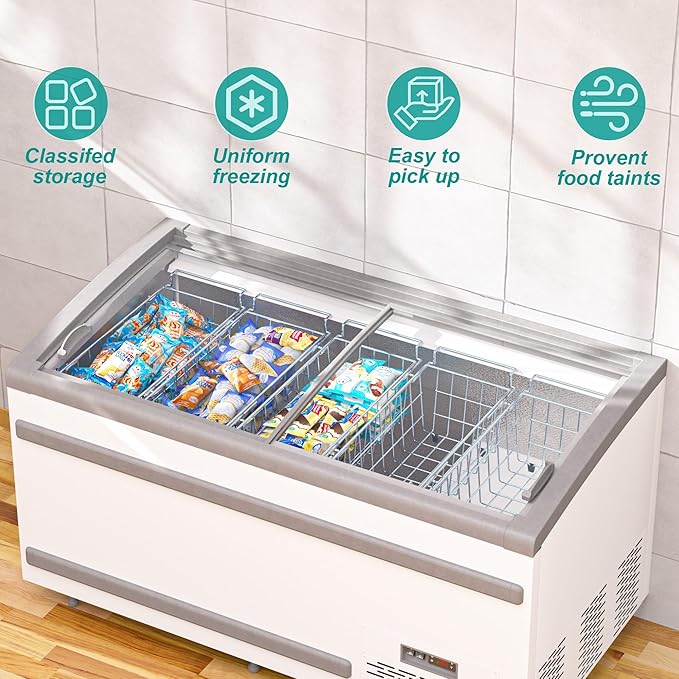 SANNO Chest Freezer Baskets, Stainless Steel Storage Organizer Bins with Sturdy Handles for Chest and Deep Freezers,Adjustable Arms width 17.5"~20.4", 2 pack