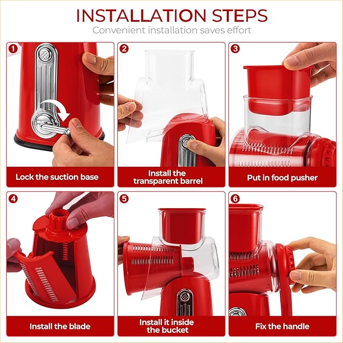 SUSTEAS Rotary Cheese Grater with Handle - Vegetable Shredder with 5 Well-designed Blades & Strong Suction Base,Round Mandoline Slicer & Food Chopper for Kitchen,with Blade Storage Box(Red)